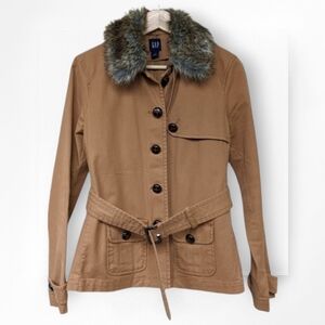 Gap Coat Short Trench Removable Lining Faux Fur Collar Camel Khaki Belted Small